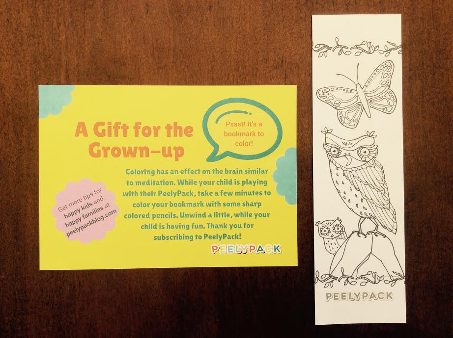PeelyPack Monthly kids sticker subscription box parents colouring bookmark