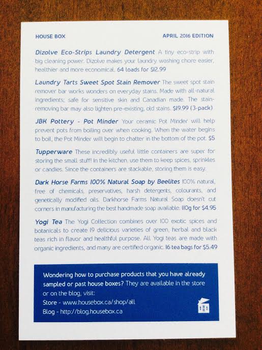 housebox.ca canada home subscription box laundry detergent eco-strips tupperware stain remover bar natural homemade soap pot minder yogi tea info card