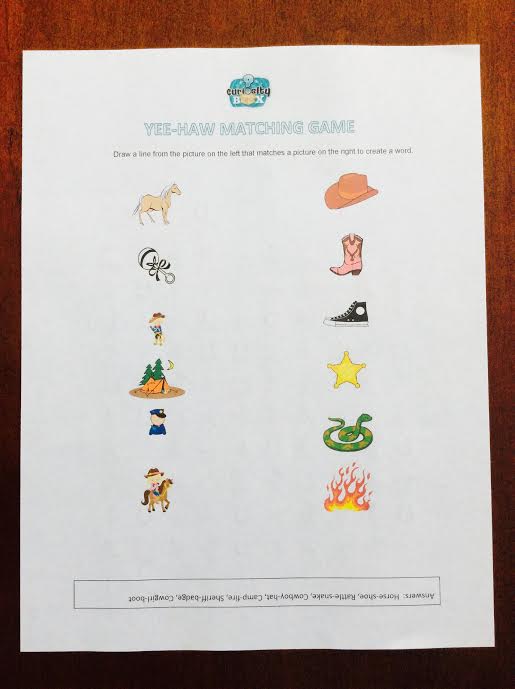 Curiosity Box kids subscription May 2016 review yee-haw matching game