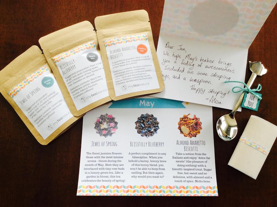 My tea box canada monthly subscription box may 2016 jewel of spring almond amaretto biscotti blissfully blueberry teas note card information tea card steeped tea bags teapot teaspoon