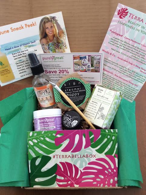 Terra Bella box beauty subscription box May 2016 review homemade nautral artisandeodorant soap tonight mist shower steamer blacquer shadow liner eyeliner bent makeup brush