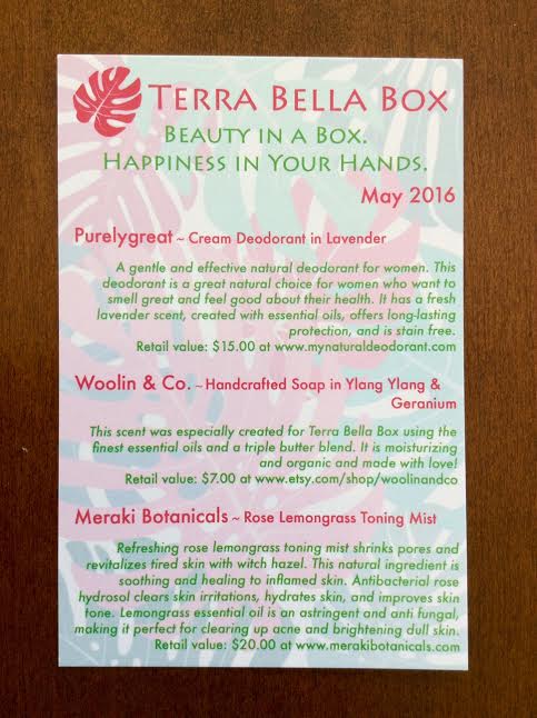Terra Bella box beauty subscription box May 2016 review homemade nautral artisandeodorant soap tonight mist shower steamer blacquer shadow liner eyeliner bent makeup brush 3