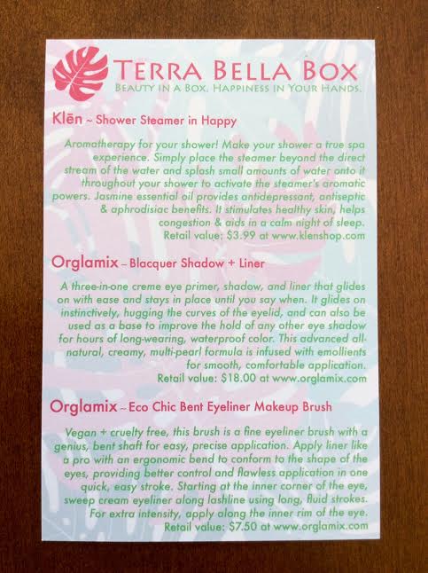 Terra Bella box beauty subscription box May 2016 review homemade nautral artisandeodorant soap tonight mist shower steamer blacquer shadow liner eyeliner bent makeup brush 4