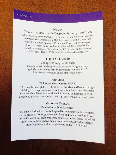 TopBox subscription box may 2016 Novex the faceshop mask pur-lisse BB tinted moist cream morgan taylor nail polish information card
