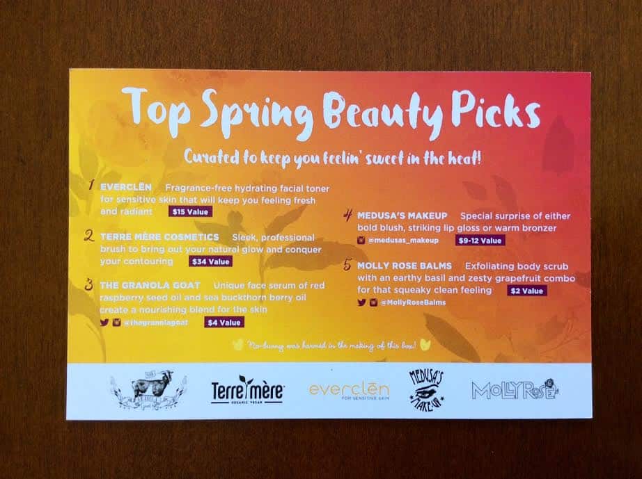 Vegancuts beauty subscription box May 2016 review Everclen terre mere granola goat medusas makeup molly rose balm 3