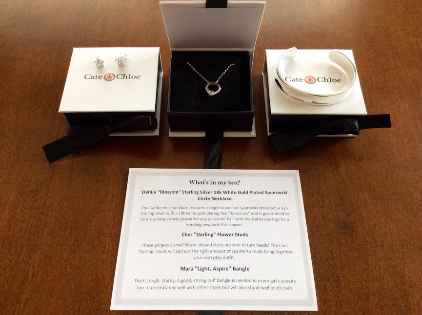 Cate & Chloe Jewelry Subscription Box July 2016 Review Dahlia white gold necklace cher flower earrings mara bangle 2