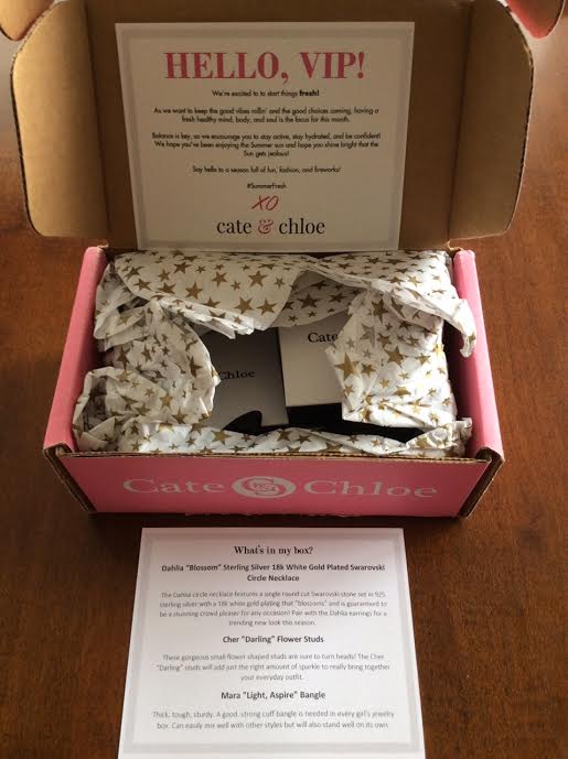 Cate & Chloe Jewelry Subscription Box July 2016 Review Dahlia white gold necklace cher flower earrings mara bangle hello fresh food coupon good vibes make-up bag 2