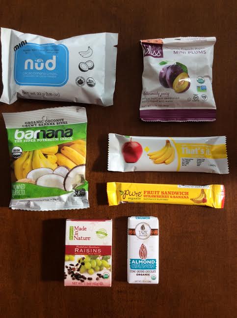 Healthy Surprise snack subscription box July 2016 Review Classic Box banana raisins ground cocoa chocolate fruit bars mini plums