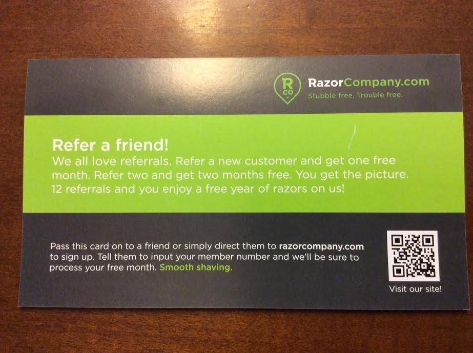 Razorcompany.com subscription box July 2016 Review information card refer a friend