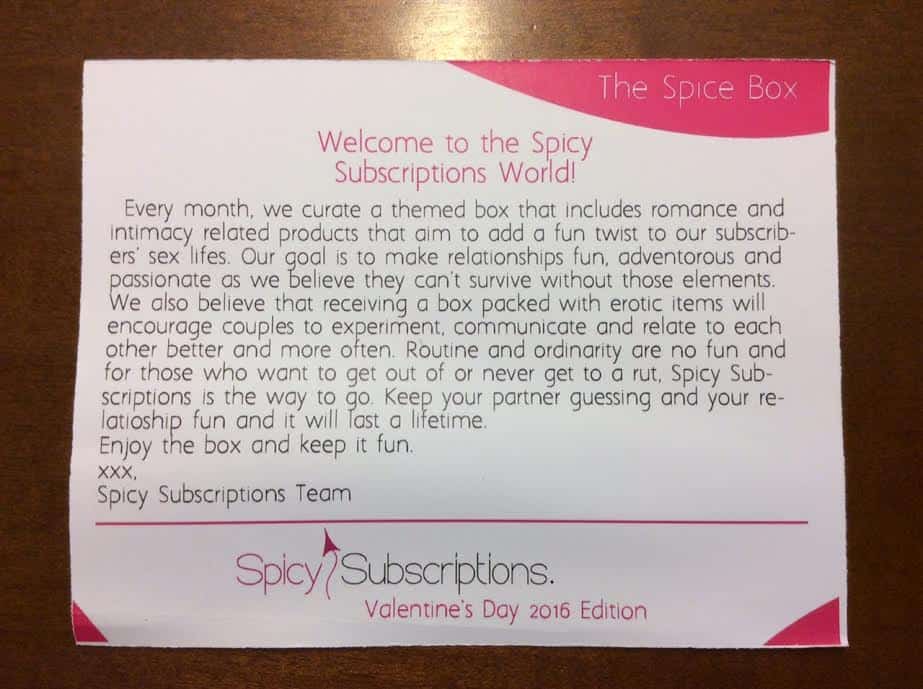 Spicy Subscription Box Adult Toy Valentine's Day Box Review 2016 Welcome information card
