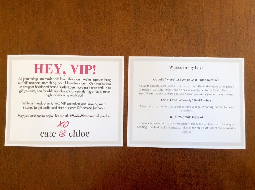 Cate & Chloe Jewelry Subscription Box August 2016 Review Arabella muse white gold necklace rose gold stud earrings bracelet violet love headbands 3