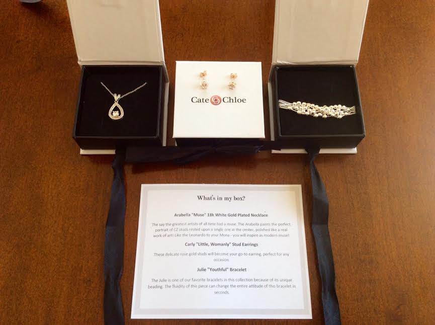 Cate & Chloe Jewelry Subscription Box August 2016 Review Arabella muse white gold necklace rose gold stud earrings bracelet violet love headbands 5