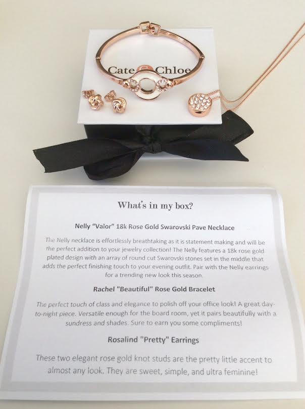 Cate & Chloe VIP Jewelry Subscription Box September 2016 Review Nelly Valor 18k rose gold necklace rachel bracelet rosalind earrings