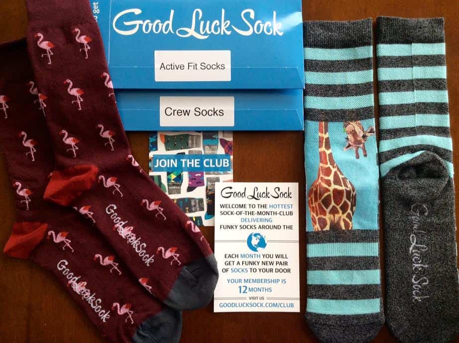 Good Luck Sock Canada August 2016 Review flamingo crew socks giraffe active fit socks men women ships around the world 6 12 month memberships 2