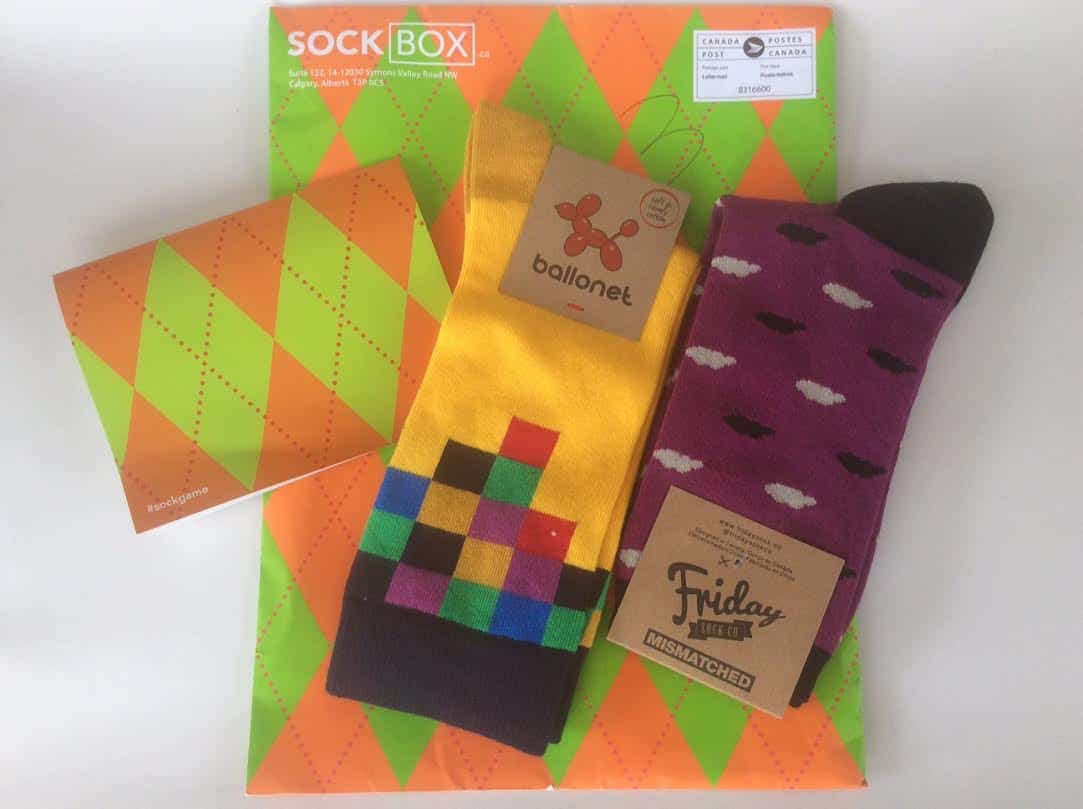 Sock Box Canada September 2016 Review Purple Mismatched Umbrella Rain Cloud Friday Sock Company Yellow TV Squares Ballonet Socks 3