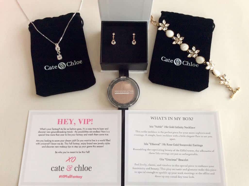 cate-chloe-jewelry-subscription-box-october-2016-review-manna-kadar-beauty-18k-white-gold-infinity-necklace-18k-rose-gold-eiffel-tower-earrings-floral-bracelet