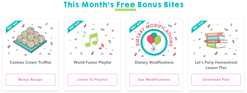 Raddish Kids Cooking Club April 2022 Kit Let's Party 100th Kit Bonus Bites