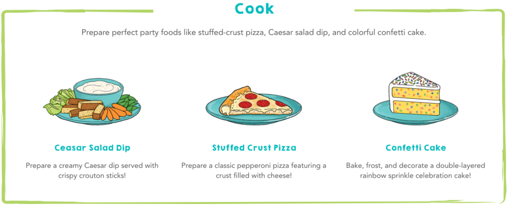 Raddish Kids Cooking Club April 2022 Kit Let's Party 100th Kit Menu