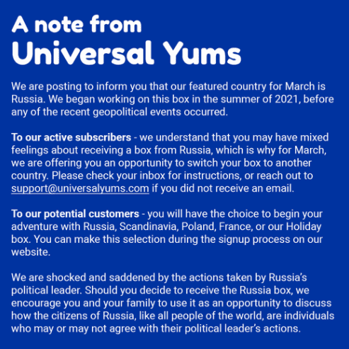 Universal Yums Offers Alternative Choices to March 2022 Russia Box