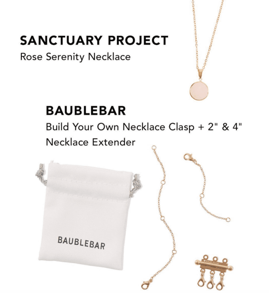 FabFitFun Summer 2022 Spoilers Sanctuary Project Rose Serenity Necklace & Baublebar Build Your Own Necklace Clasp + 2 & 4 Necklace Extender Bundle
